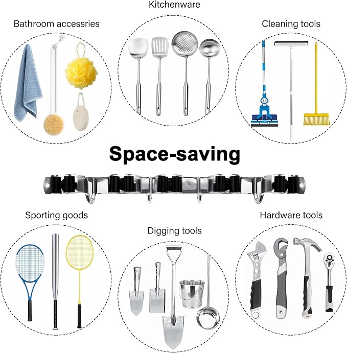 Self Adhesive SUS304 Broom Holder Wall Mount | 5 Racks and 4 Hooks Mop Organizer Heavy Duty Solid Non-slip Storage Tool for Home Kitchen Garden Laundry Garage