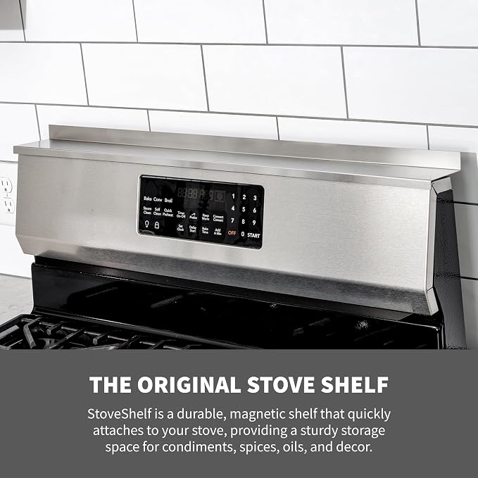 StoveShelf 24" Apartment Length Stainless Steel Finish Magnetic Shelf for Kitchen Stove - Kitchen Storage Solution with Zero Installation - Over Stove Spice Rack Organizer