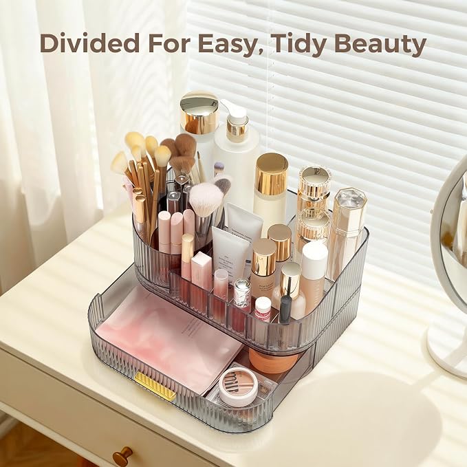 Delamu Makeup Organizer for Vanity with Stackable Drawers, 360 Rotating Makeup Brush Holder Large Cosmetic Display Case, Bathroom Skincare Storage, Crystal Black, Ideal Gifts for Women