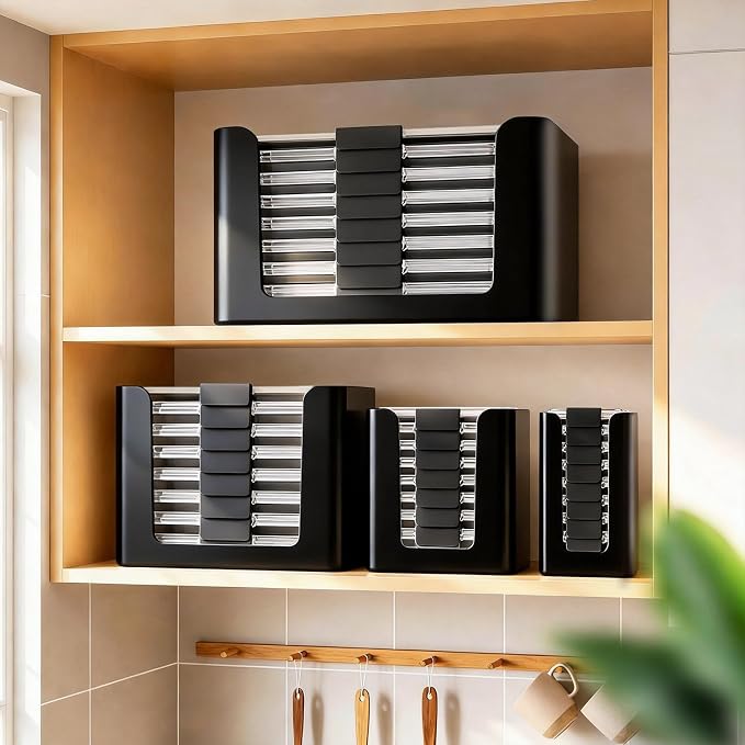 Food Storage Container Lids Organizer for Rubbermaid Brilliance Nap-On Lids,Stackable Food Storage Container Lid Organizer--Fits 0.5, 1.3, 3.2, 4.7 & 9.6 Cups--Holds 32 Lids(Black,4-Piece Bundle)