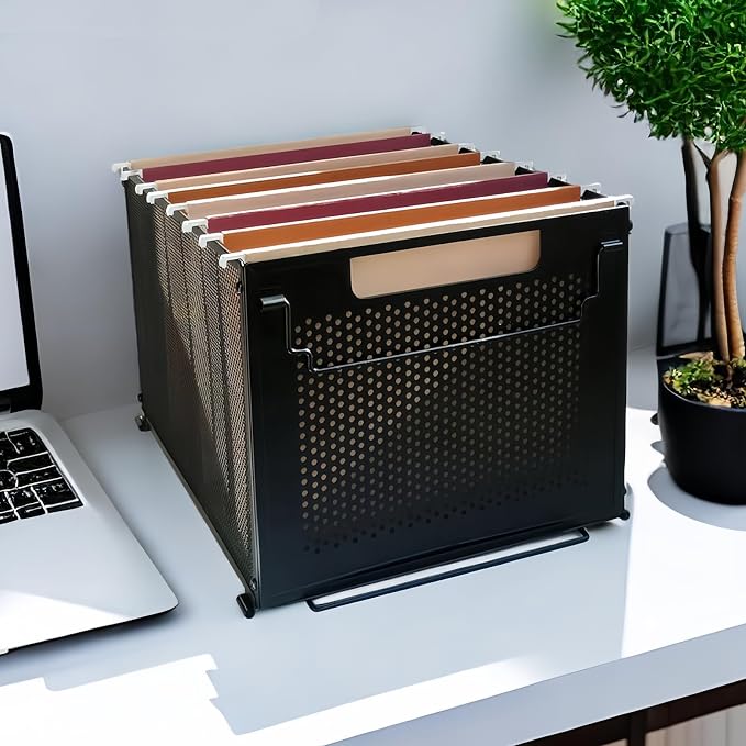 SETTFRFE Metal Hanging File Folder Organizer with Handle,Letter Size,Black | Perforated Metal Plate File Crates for Hanging Folders,Stackable Filing Basket for Office,Classroom & Home