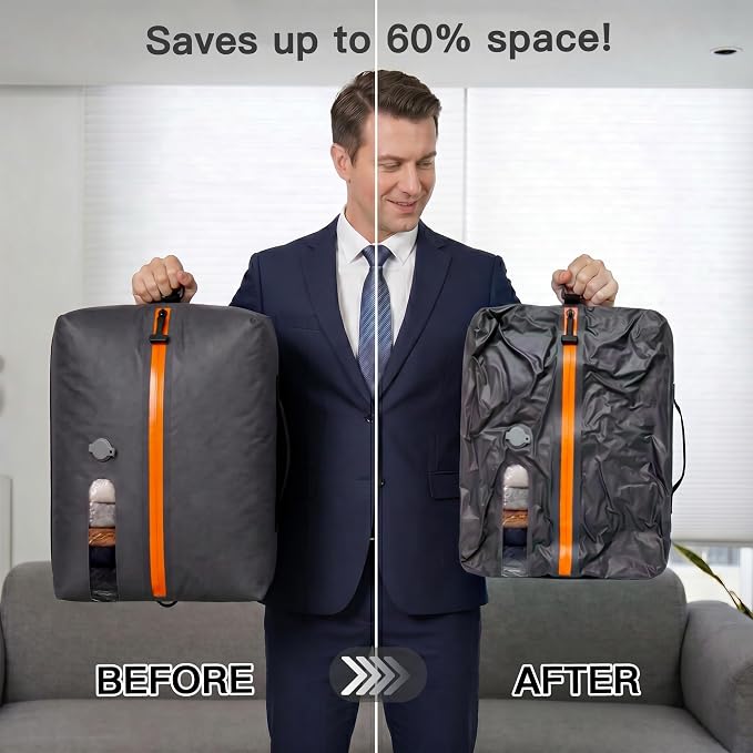 Travel Vacuum Bags With Pump, 2 Pack 22L Compression Kit For Clothes | IPX8 Waterproof; 3-5 Minute Compression; USB-C Cordless Pump; Up To 60-Minute Runtime; Saves Up To 60% Space; Airtight Seal
