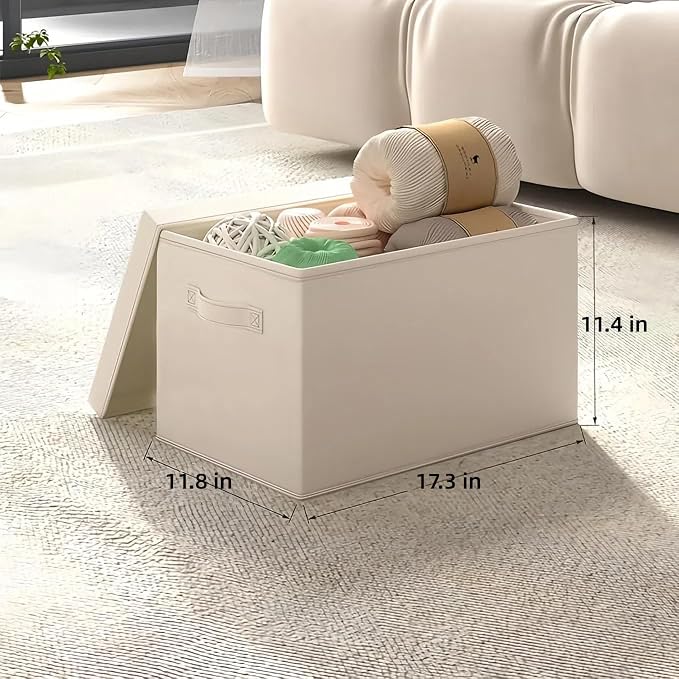 Large Foldable Fabric Storage Bins with Lids, 2 Pack Beige, 17.5"x12"x11.5", Cotton Linen Material with Handles, for Shelves, Nursery, Bedroom, Home, Office, Organizing Clothes, Toys, Blankets, Books