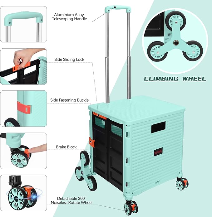 SELORSS Foldable Utility Cart Collapsible Crate Rolling Carts with Stair Climbing Wheels Rolling Tote Basket Teacher Cart with Lid Wear-Resistant 360°Rotate Wheel Noiseless for Shopping Grocery Office