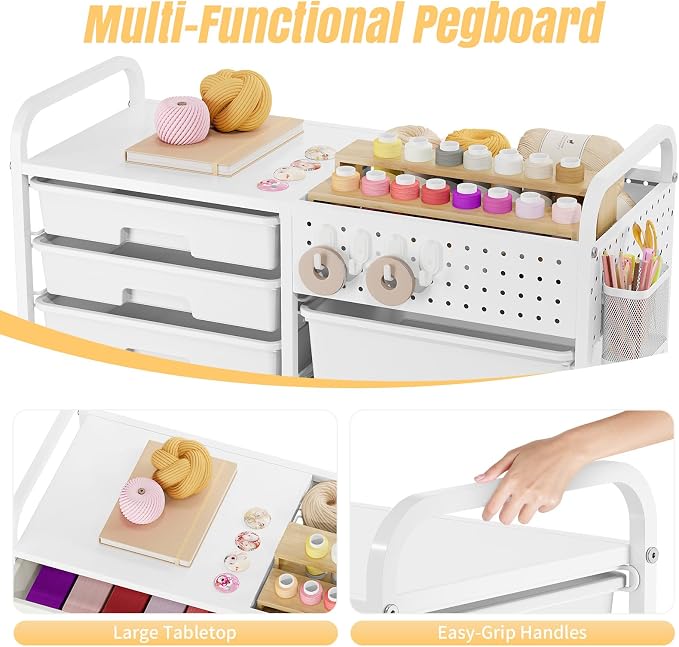 Rolling Storage Cart with 14 Drawers, Storage Organizer Cart with Tabletop and Pegboard,Utility Cart for Living Room, Classroom, Bedroom,Bathroom,Dorm,Office (White)