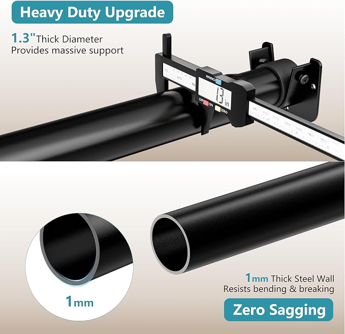 STARLATTA Heavy Duty Black Closet Rod: 17-69 Inch Stepless Adjustable Clothes Hanging Bar, 1.3" Diameter Metal Wardrobe Pole with Brackets, No-Cut, for Laundry & RV