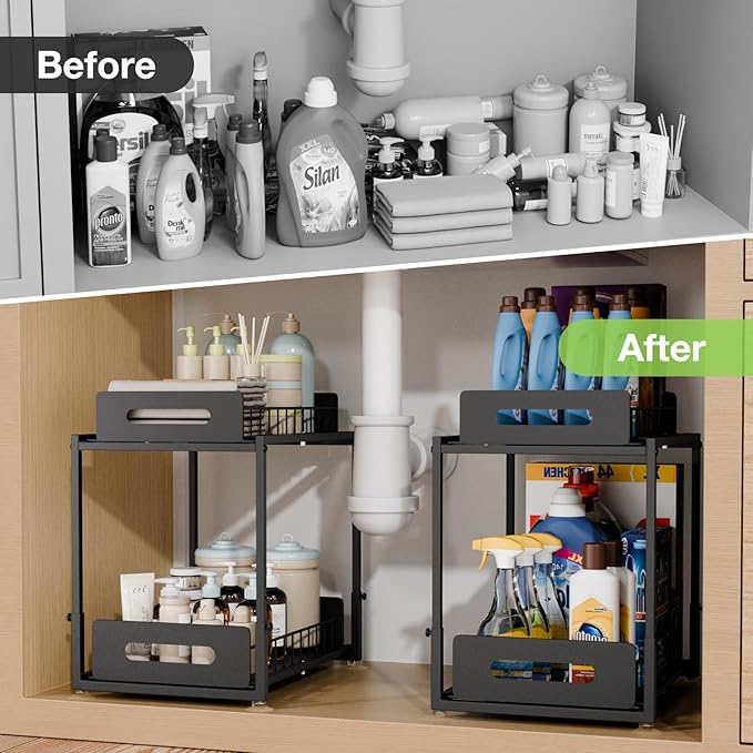 Under Sink Organizer and Storage, 2 Tier Pull Out Under Cabinet Organizer Shelf, Adjustable Height, Thickened Metal Slide Out Under Sink Storage for Kitchen Bathroom Cabinet