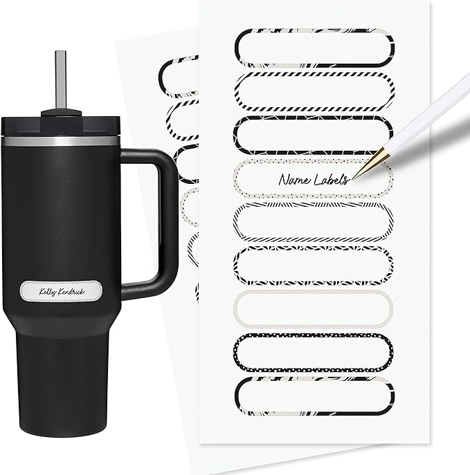 ThreeKin Waterproof Labels for Bottles and Containers - Custom Stickers - All-Purpose and Personalizable - Dishwasher, Freezer and Microwave Safe - BPA-Free - USA-Owned (Black and White, 72pcs)
