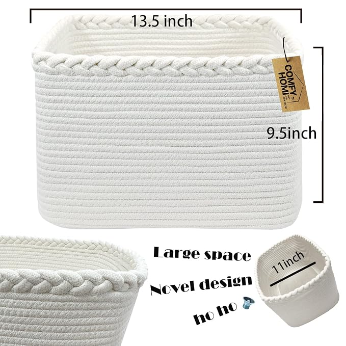 COMFY-HOMI Cotton Rope Woven Basket with Handles for Shelves,Toys,Book, Cloth Storage Baskets Bin for Organizing- 1 PCSToy Decorative Organizer for Living Room, Bathroom
