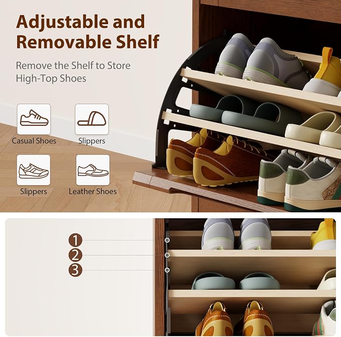 WoodsWhisper Solid Wood Shoe Cabinet for Entryway with 3 Flip Drawers, Narrow Shoe Organizer with Breathable Slatted Doors, Freestanding Hidden Shoe Rack for Hallway (Walnut, 32" W)