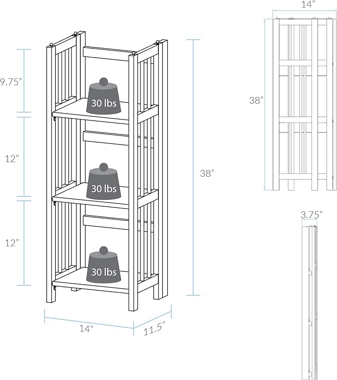 Casual Home Narrow 3-Shelf Folding Bookcase, 14" Wide, Walnut