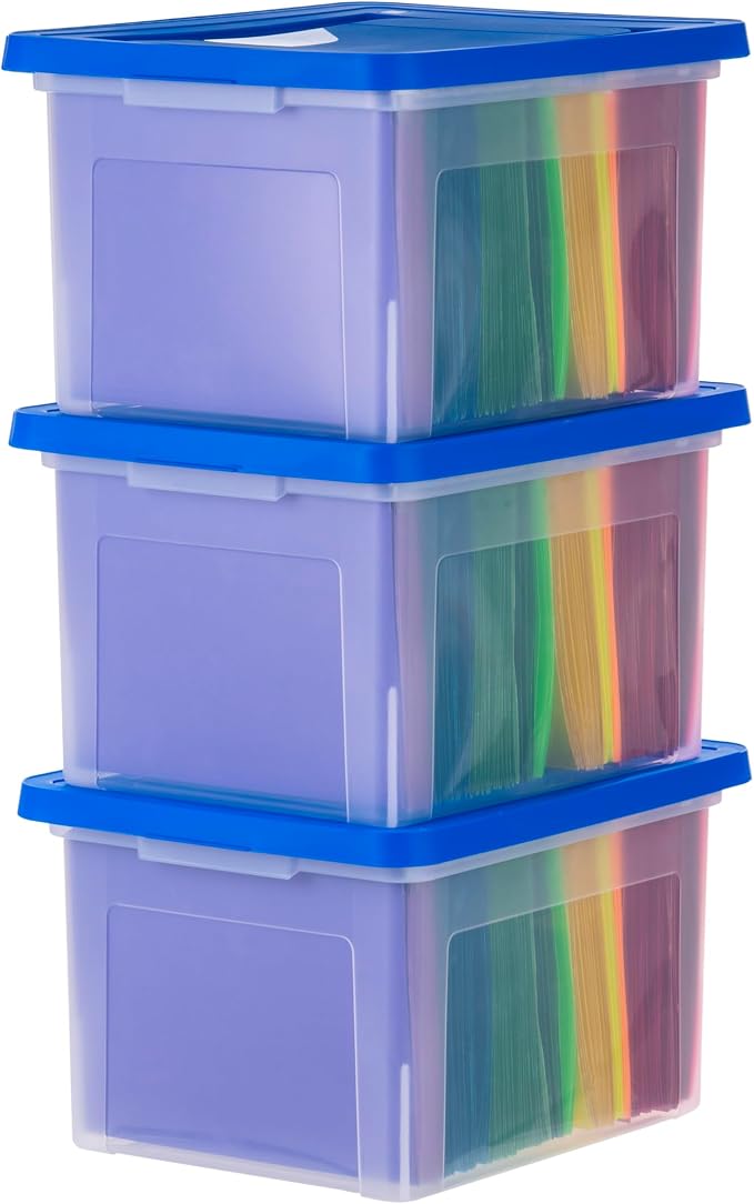 IRIS USA 3-Pack 35 Qt. Letter/Legal File Box with Lid, Clear/Blue | Protect important documents, letter and legal files with secure storage for home offices, moving, and long-term organization