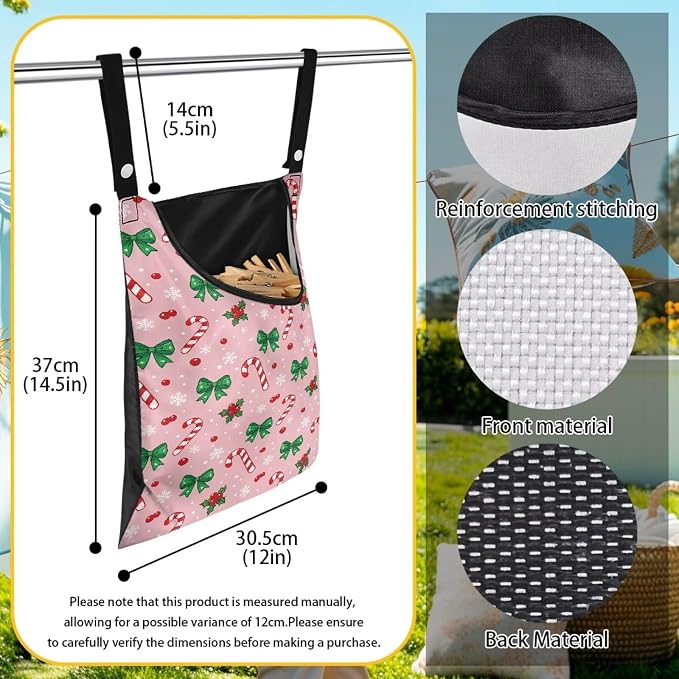 Christmas Candy Cane Clothespin Bags with Hanging Rope Space-Saving Pink Clothespin Storage Organizer Waterproof Clothes Pin Holder for Clothesline Outdoor Rotatable Clothespins Storage Bag