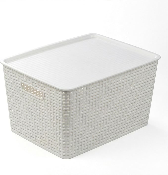 BINO | Plastic Storage Baskets with Lids, 33 Liter - 3 Pack, White | THE WOVEN COLLECTION | Storage Basket for Shelves | Woven Storage Baskets for Organizing Bins Pantry Shelf Organizer Container Bin