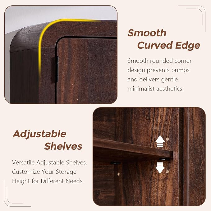 Over the Toilet Storage Cabinet, 69.69" Curved Bathroom Storage Organizer Cabinet with Doors and Adjustable Shelves, Wooden Free Standing Toilet Space Saver Rack, Brown