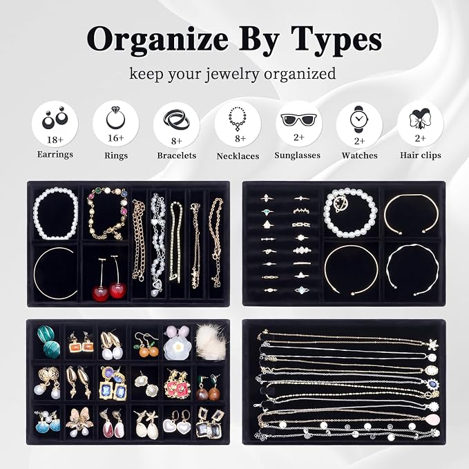 Jewelry Drawer Organizer, Drawer Jewelry Organizer for Inserts Velvet Stackable Jewelry Trays Earring Necklace Organizer Tray and Storage for Women, Black