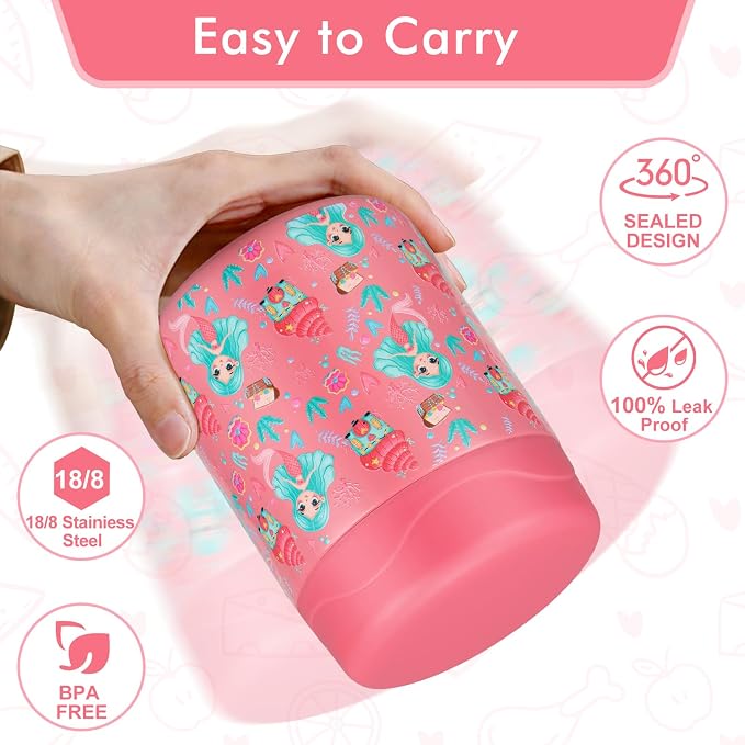 wiwens 12oz Soup Thermo for Hot Food Kids Insulated Food Jar Wide Mouth Lunch Container Leak Proof Stainless Steel Vacuum Bento Box for School Office Travel Outdoors Pink-Mermaid