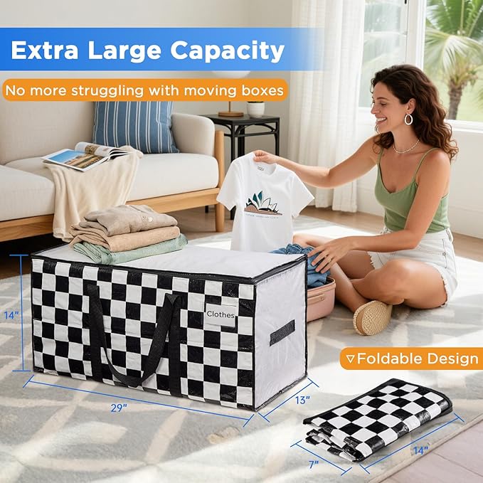 Extra Large Moving Bags Heavy Duty Storage Bags with Zipper Handles, BETU 6 Pack Clothes Storage Totes Bins Packing Moving Boxes, Moving Supplies for College Dorm Essentials, Space Saving,White Plaid