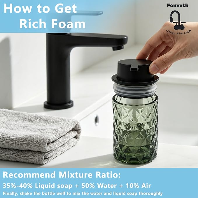 Foaming Soap Dispenser Green Glass Bottle Black Pump, Easy Refill and Clean Design Clog-Free Heavy Glass for Kitchen Bath