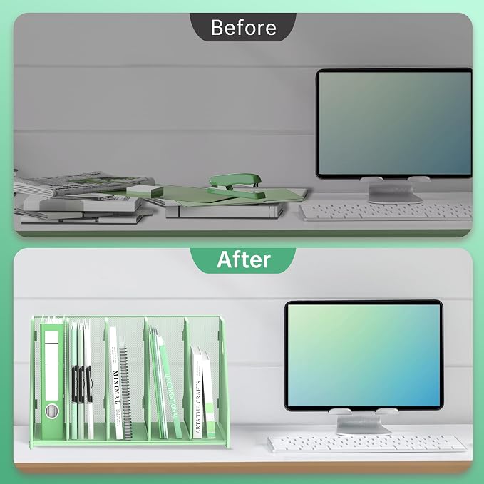 SUPEASY Binder Organizer, Magazine File Holder with 5 Vertical Compartments Rack, Metal Desk File Organizer & Binder Holders, Magazine Organizers for Office Desktop, Home, School (Green)