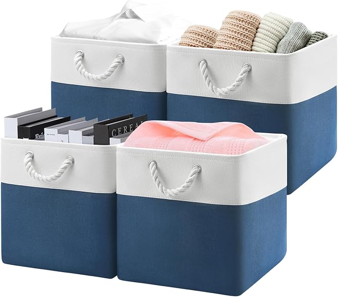 Patvingot 13x13x13 Cube Storage Bins,4 Pack Large Foldable Fabric Storage Cubes with Handles for Organizing Home, Closet, Shelf, Office(White&Blue)