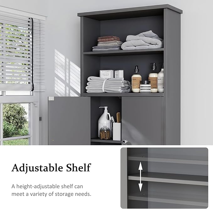 Over the Toilet Storage Cabinet for Bathroom, Storage Cabinets Over Toilet, Bathroom Floor Mounted Cabinet Space Saver with Adjustable Shelf and 2 Open Shelves, 75in, Grey