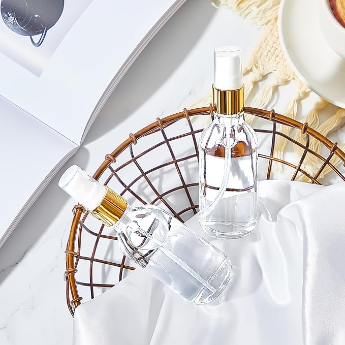 Roshtia 30 Pcs Glass Spray Bottle Clear Empty Bottles Small Refillable Reusable Perfume Bottle with Fine Mist Sprayer Pump for Face Body Travel(2 oz,Clear with Gold Lid)