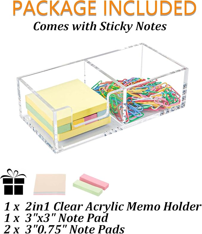 Acrylic 2in1 Sticky Note Holder Desk Organizer for 3"X3" Memo | Dual compartment layout, Compact space-saving design, Stable anti-slip base,Multi-scene daily storage