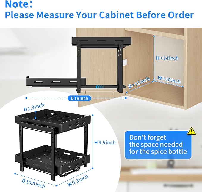 Pull Out Spice Rack Organizer for Cabinet, 2 Tier Cabinet Spice Rack Organizer, Height Adjustable Vertical Spice Rack for Cabinet, Kitchen, Pantry, Cupboard (11.9''Wx10.8''Dx9.2''H, Metal Black)