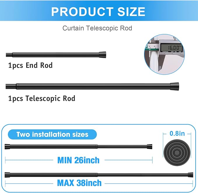 1 Pack Spring Loaded Tension Rod 27-38" Adjustable Curtain Rods No Drill Extendable Spring Rod Tension Curtain Rods For Window Kitchen Shelves Rv Refrigerator And Small Spaces,Black