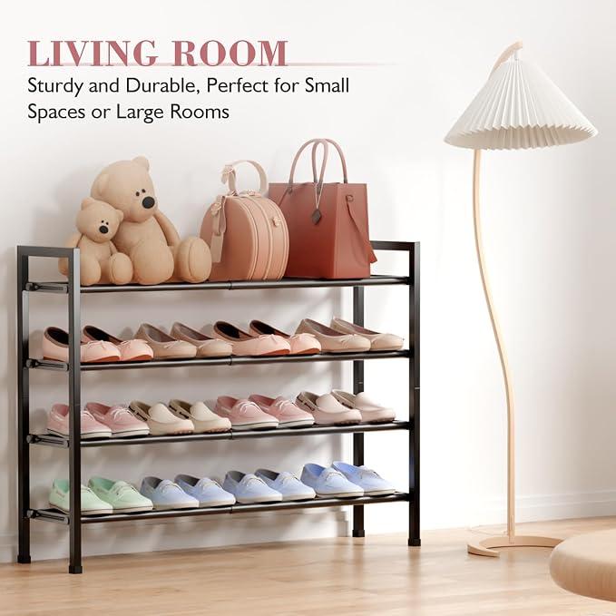 Bumusty 4-Tier Expandable Shoe Rack for Closet, 18“-33” Adjustable Shoe Rack for Small Space, Small Shoe Organizer for Front Door, Sturdy Metal, Light Grey