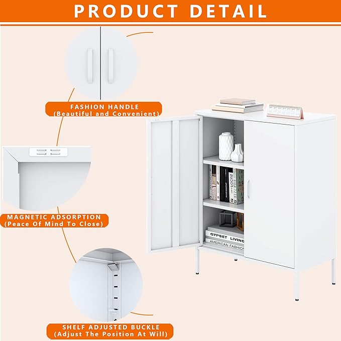 Washsemba Metal Storage Cabinet with Doors and Shelves,Multipurpose Storage Rack, 3-Tier Shelf,Metal Locker Style Accent Cabinet for Home Office,Living Room,Kitchen(White, 40''H)