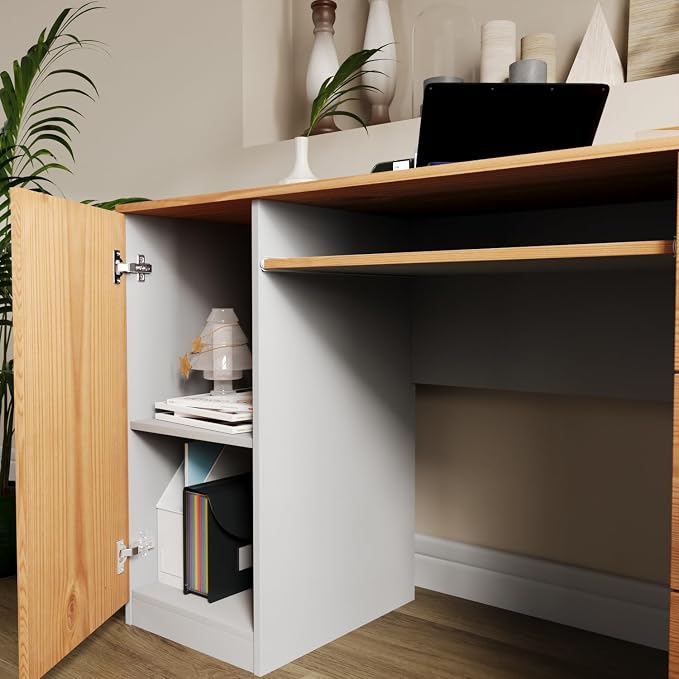 Modern Computer Desk with 3 Drawers & Storage Cabinet – Small Office Desk with Slide-Out Keyboard Tray – Professional Home Office Desk & Small Work Desk for Writing (Oak & Anthracite)