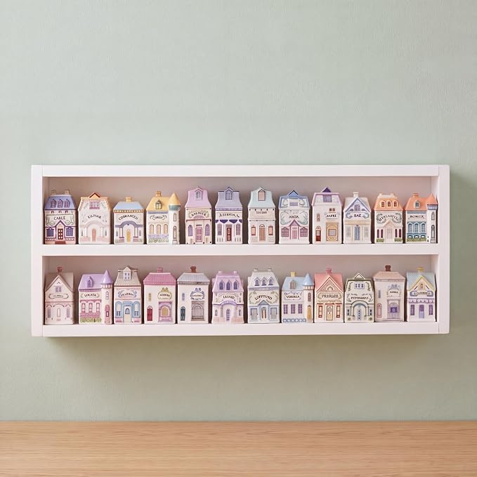 Chunful Vintage Spice Jar Wooden Rack White Minimalist 2-Tier Spice Shelf for 24 Jars, Village Style Wall Mounting Kitchen Storage Decorative Hanging Display Rack, Shelf Only