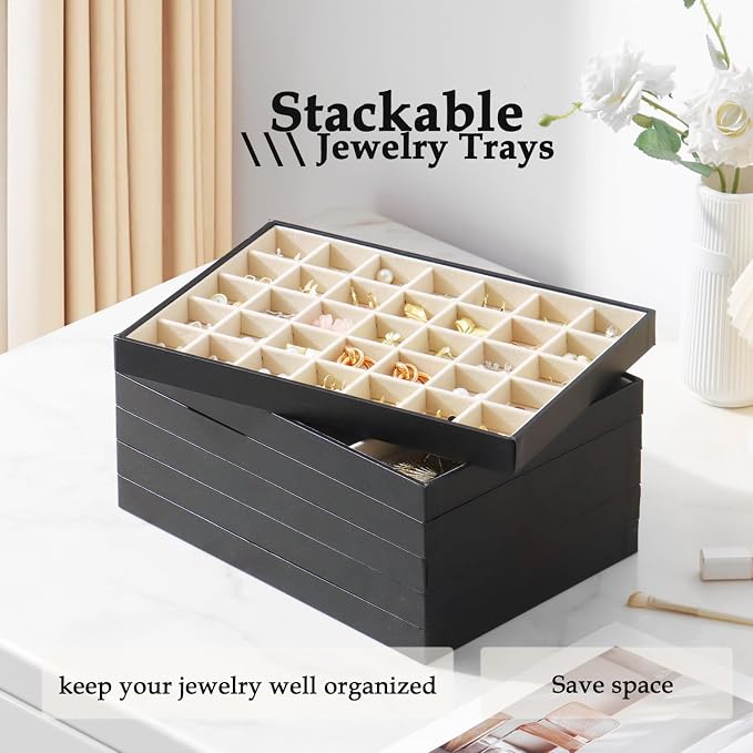 Large Jewelry Organizer Tray 2 Pack, Stackable Jewelry Storage Holder for Drawer Inserts, PU Leather Velvet Jewellery Display Case for Earring Bracelet Necklace Ring (Black Beige, 12 Grids)