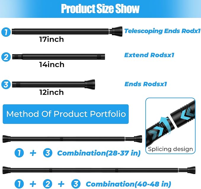 Spring Tension Curtain Rods 28-48 Inch Black 1 Pack | No-drill & tool-free setup. Fits windows, kitchens, doorways. Rust-resistant, great for light curtains.