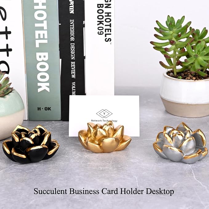 Resin Succulent Business Card Holder - Gold, Silver, Black Set of 3 - Modern Desk Organizer and Card Display Stand for Office & Home - Vertical Name Card Holders - Handmade Unique Gift & Desk Decor