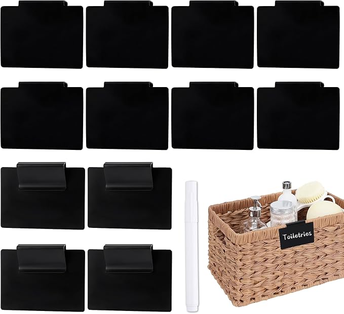 13Pcs Black Clip-On Basket Labels Set with White Marker, Reusable Pantry Bin Labels for Kitchen, Linen Closet & Storage Organization