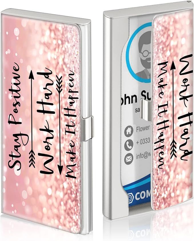 Swooflia Business Card Holder Case Wallet for Women Metal Inspirational Quote Slim Pocket Purse Square Card Cases Cute For Realtors Real Estate Agents