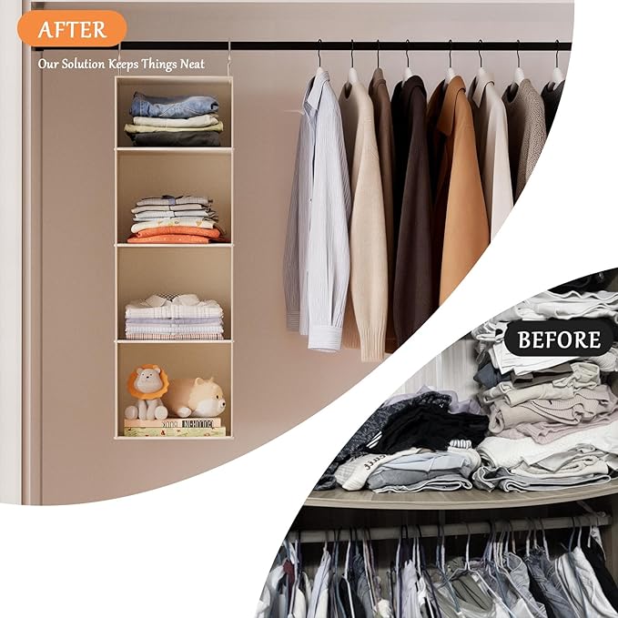 VERONLY Hanging Closet Organizer and Storage with Bamboo Shelves - Foldable Storage for Clothes, Towels, Accessories | Space Saving, No Assembly Needed (Beige)