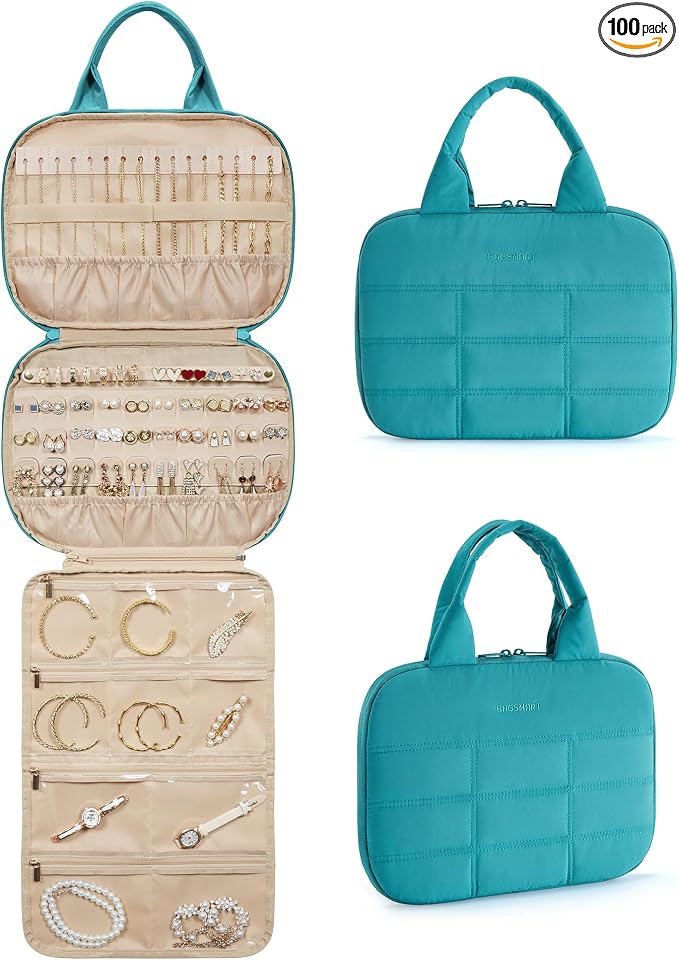 BAGSMART Travel Jewelry Organizer, Hanging Jewelry Organizer with Zipper Pockets, Large Capacity Puffy Jewelry Roll for Earrings, Necklaces, Rings on Closet, Wall, Portable Travel Essentials, Green