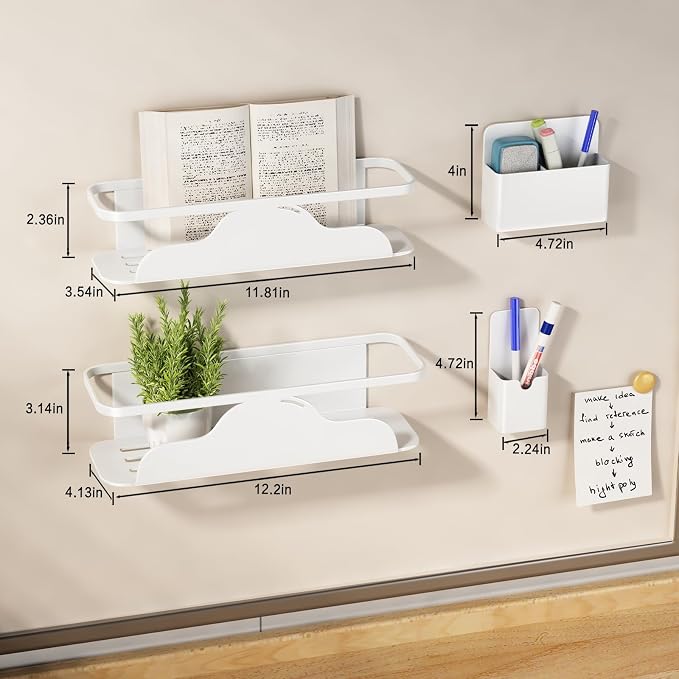 VOLPONE 4 Pack Magnetic Spice Rack for Refrigerator Metal Magnetic Shelf for Fridge and Magnetic Pen Holder Heavy Duty Fridge Magnet Organizer White