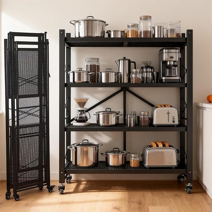 Folding Storage Shelves, Heavy Duty Garage Shelving Unit, Adjustable Metal Standing Storage Rack Shelf, No Assembly Wire Shelving Organizer with Wheels for Kitchen Pantry Warehouse (4-Tier, 1 Pack)