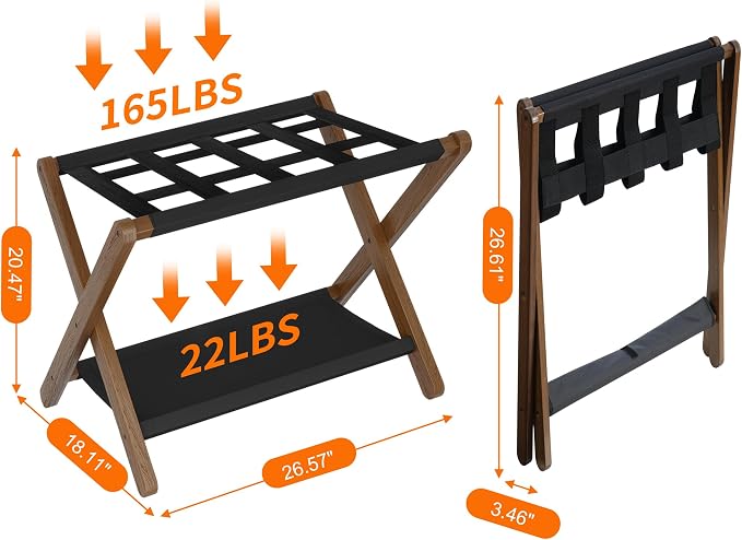 Heybly Luggage Rack, Pack of 2, Folding Suitcase Stand with Storage Shelf, Heavy-Duty Luggage Holder for Guest Room Bedroom Hotel, Holds up to 165 lb, Walnut, HLR010WB2