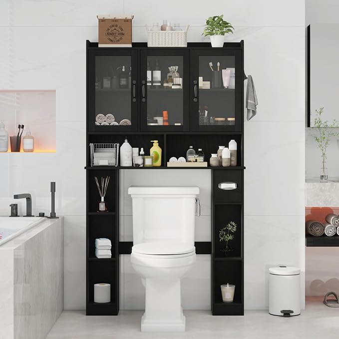 Vabches Over The Toilet Storage Cabinet with Glass Doors, Black | Farmhouse Bathroom Organizer with Adjustable Shelf, Home Space-Saving Toilet Rack,for Restroom,Bathroom, Laundry