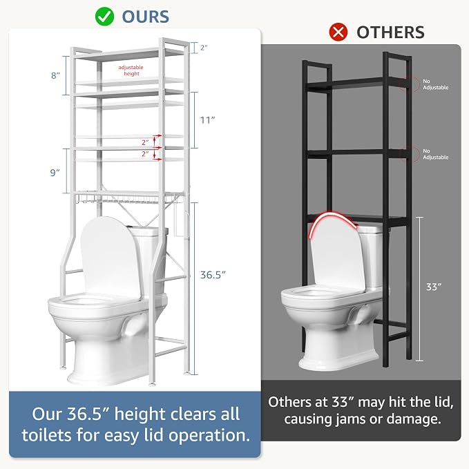 DUMOS Over-The-Toilet Storage Rack, 4-Tier Bathroom Organizer with Basket | Freestanding Above Toilet Storage Cabinet with Adjustable Shelf, Space Saver Bathroom Cabinet with 3 Hooks for Rooms, White