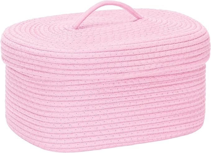 Sea Team Oval Cotton Rope Storage Basket with Lid, Lidded Woven Storage Bin, Nursery Storage Container, Diaper Caddy, Baby Shower Basket, Box, Organizer, 15 x 11 x 6.5 Inches (Medium, Pink)