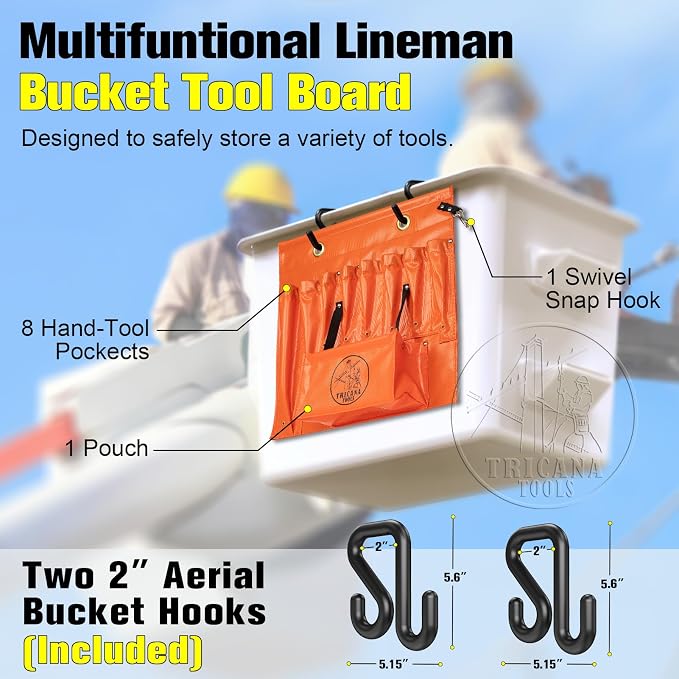Lineman Tool Board, Aerial Apron, Bucket Truck Tools Organizer with Over 16 Pockets, Tool Organizer for Bucket Trucks and Lineman, Includes Two 2” Bucket Hooks