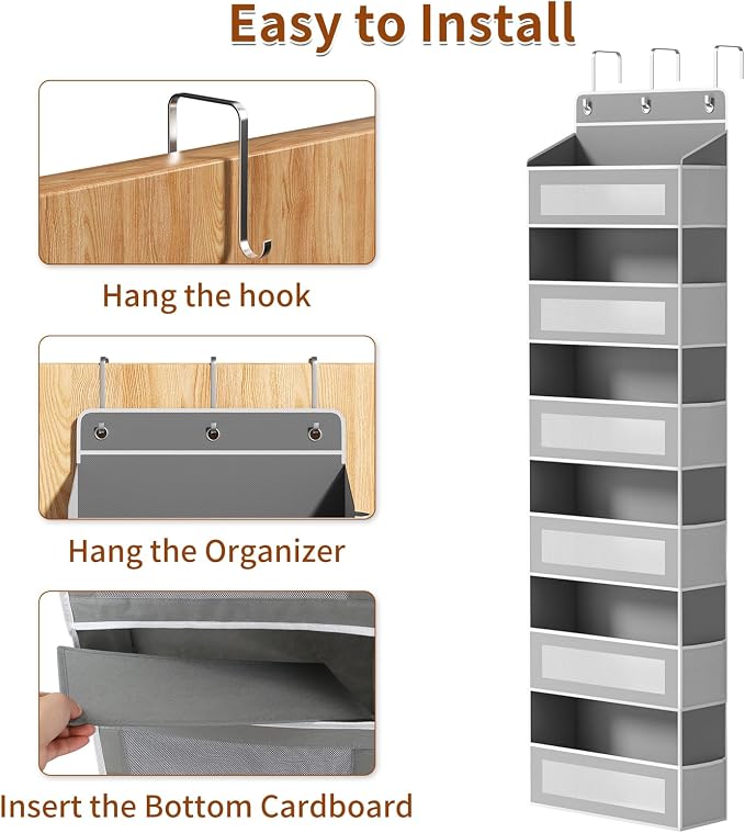 6-Tier Over The Door Organizer with Large Pocket, Over the Door Storage 12 Side Pockets, Hanging Door Organzier 44 lb Load Behind Door Storage Hanging Shelf for Closet Wall Bathroom Nursery, Grey