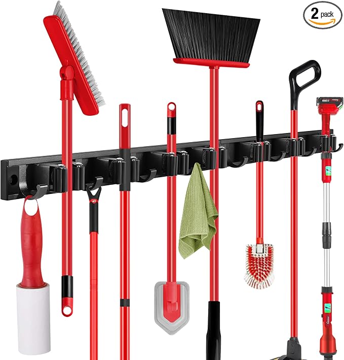 2 Pack Wall Mount Broom Holder with Sliding 3 & 4 Racks 4 Hooks，Mop Hanger | 15-30'' Broom Hanger Wall Mount,Aluminum Alloy Broom Holder Wall Mount,Broom and Mop Organizer Wall Hanging,Broom Holder